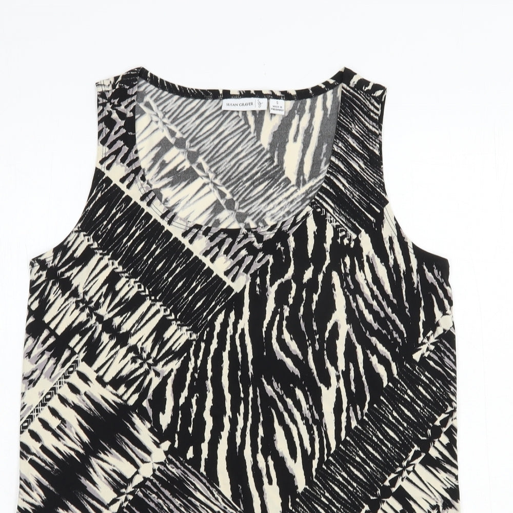 Susan Graver Womens Black Animal Print Polyester Basic Tank Size S Scoop Neck
