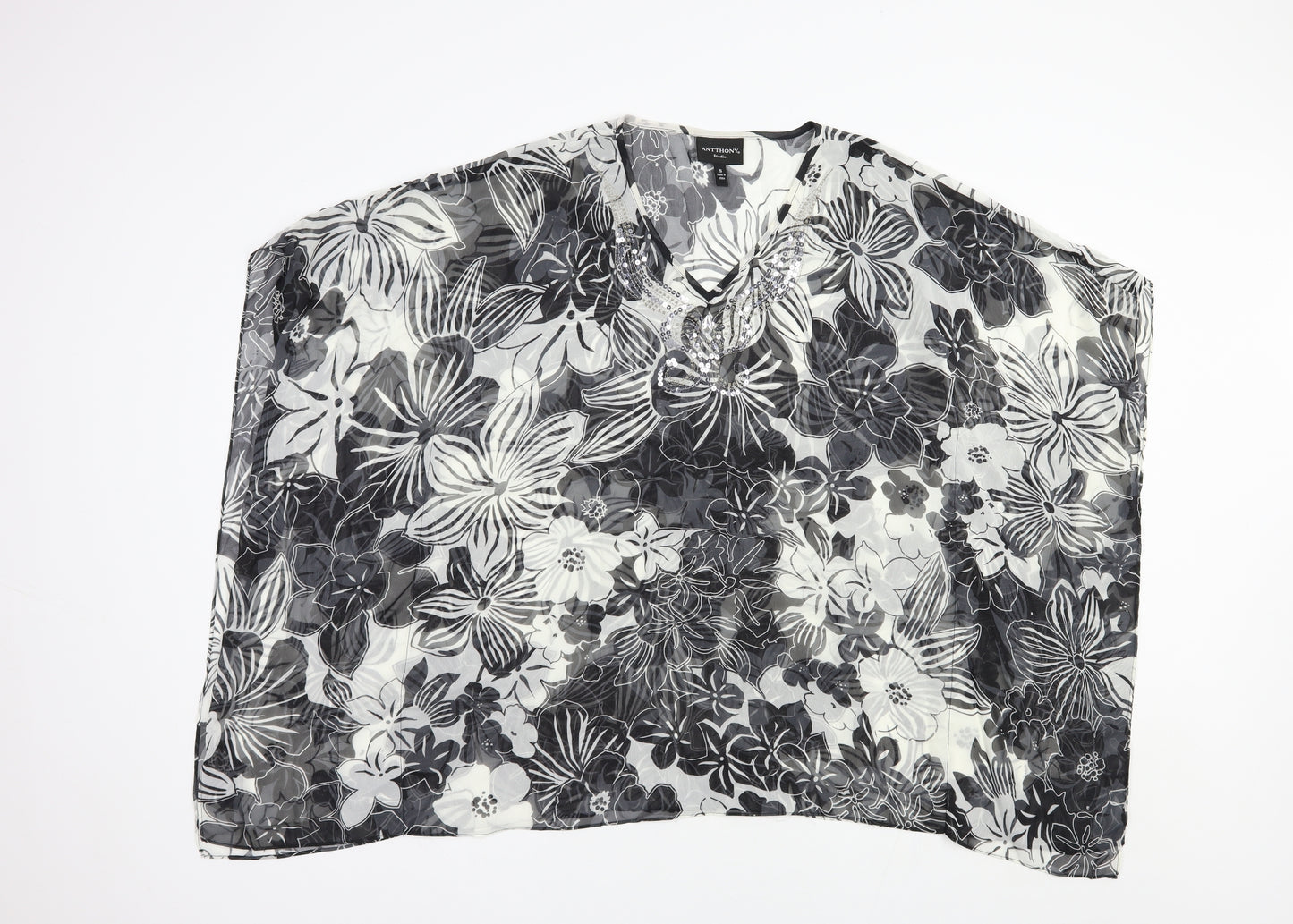 Anthony Studio Womens Black Floral Polyester Tunic Blouse Size S V-Neck - Beach Cover Up