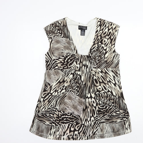 Attitudes Womens Brown Animal Print Polyester Basic Blouse Size L V-Neck