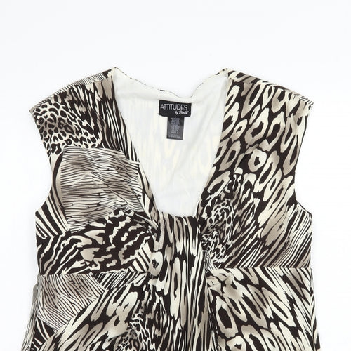 Attitudes Womens Brown Animal Print Polyester Basic Blouse Size L V-Neck