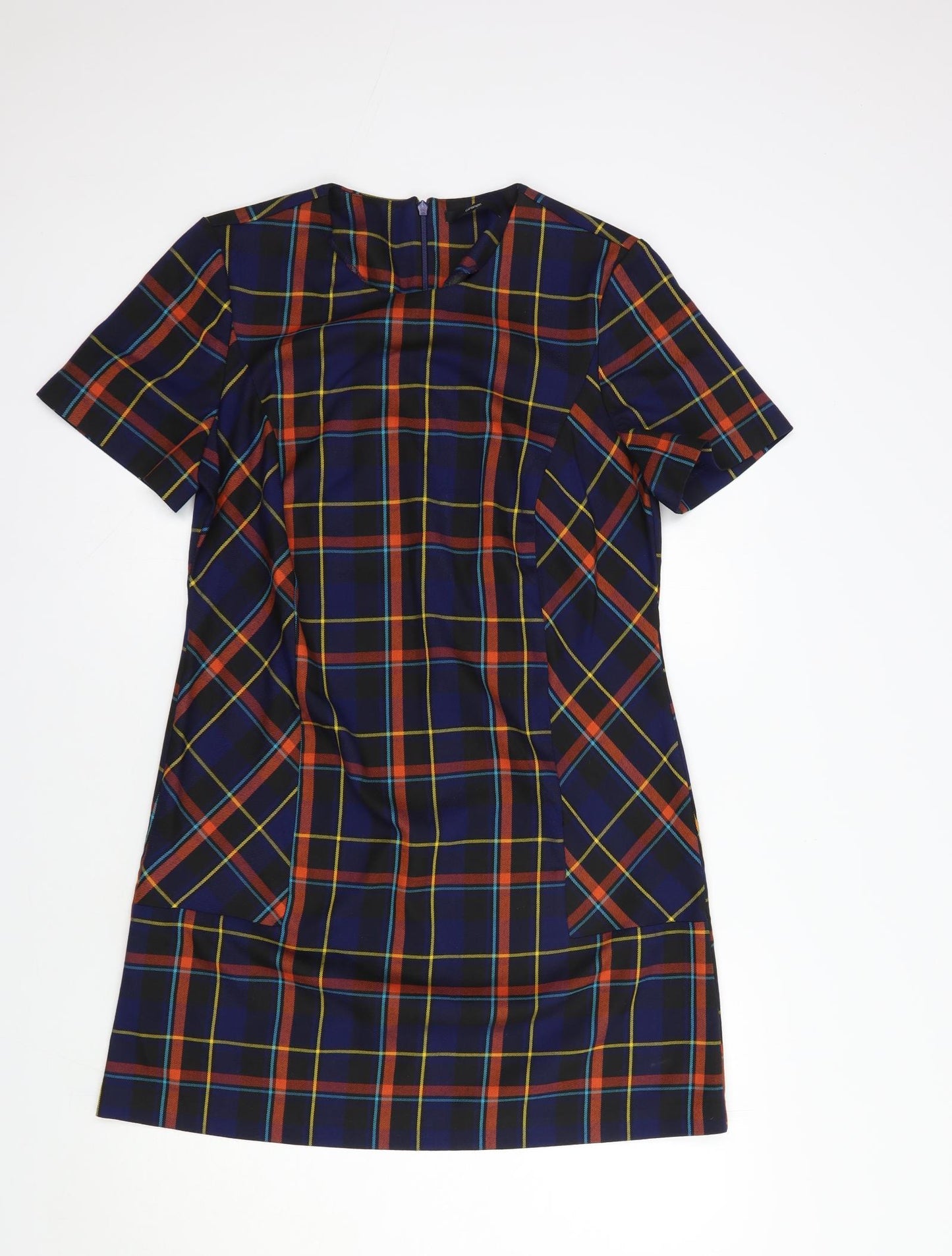 George Womens Blue Plaid Polyester Shift  Size 12  Round Neck Zip