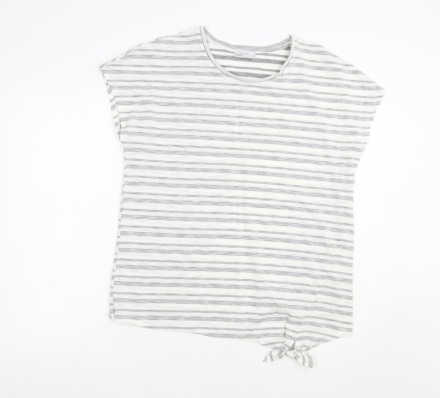 Papaya Womens White Striped Cotton Basic T-Shirt Size 14 Crew Neck
