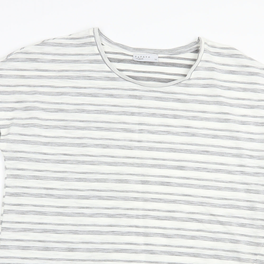 Papaya Womens White Striped Cotton Basic T-Shirt Size 14 Crew Neck