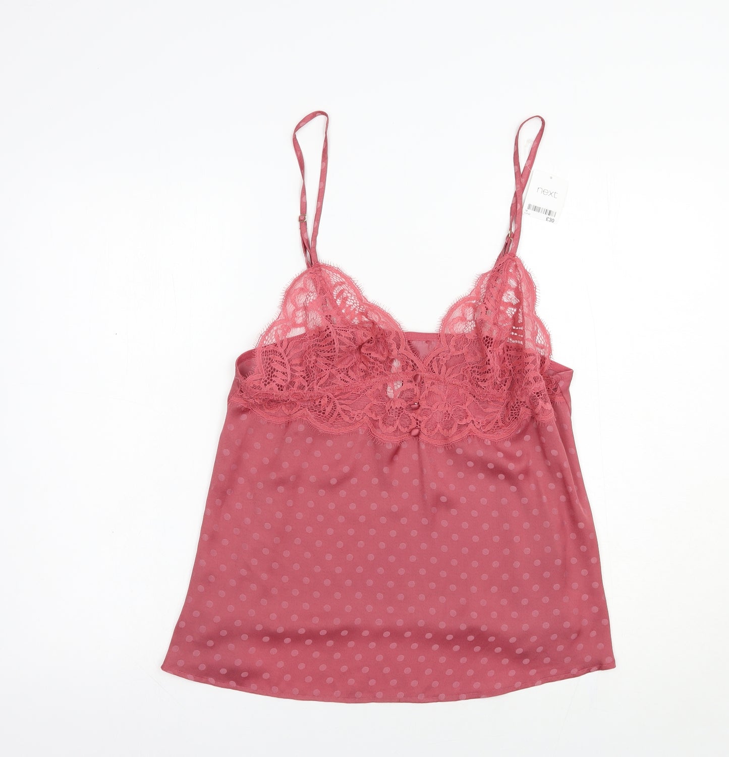 NEXT Womens Pink Polka Dot Polyester Cami Pyjama Top Size 14   - Lace Detail