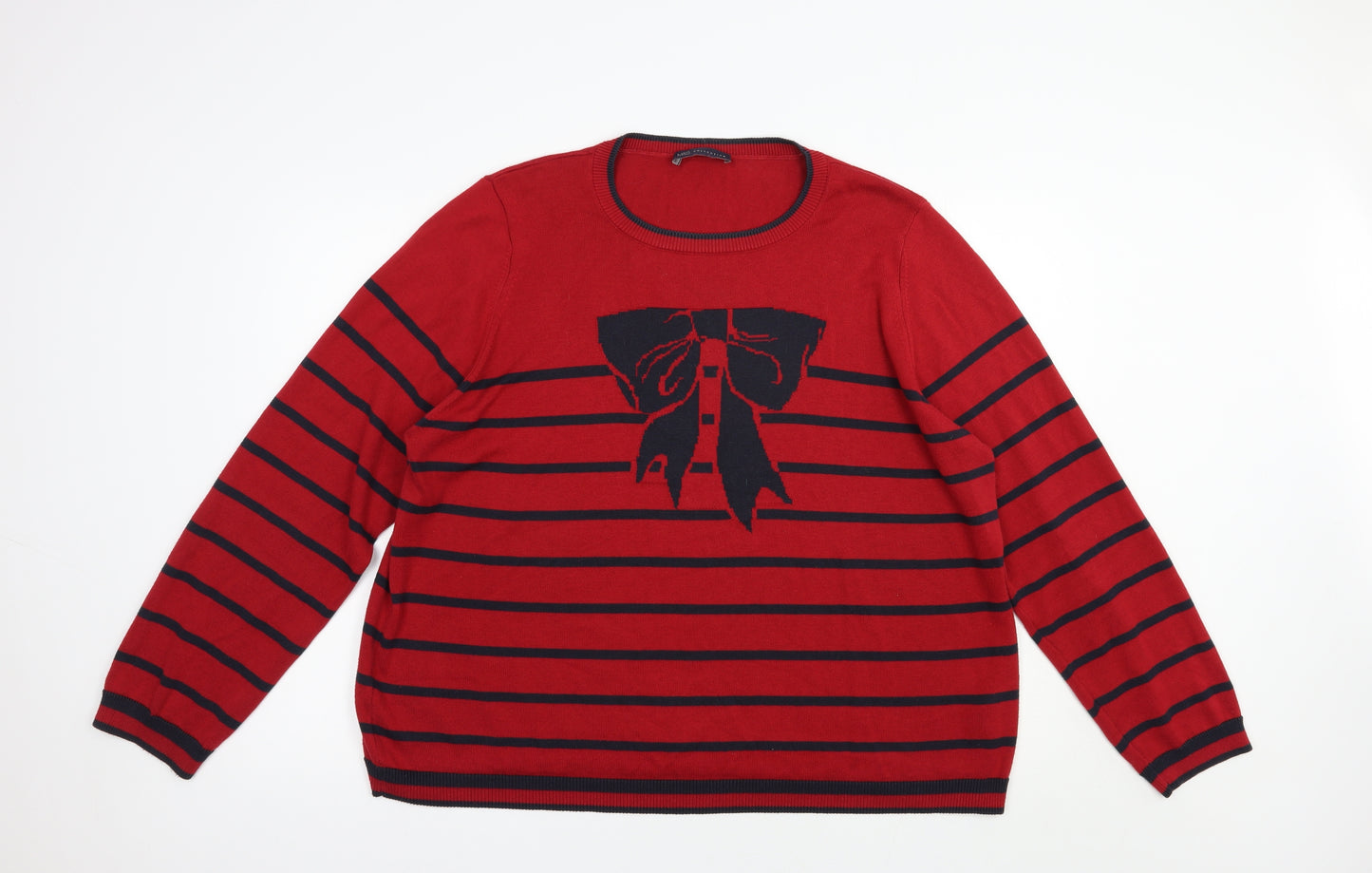 Marks and Spencer Womens Red Crew Neck Striped Acrylic Pullover Jumper Size 24   - Bow