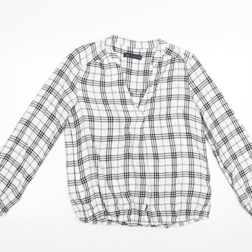 Marks and Spencer Womens White Plaid Viscose Basic Blouse Size 8 V-Neck
