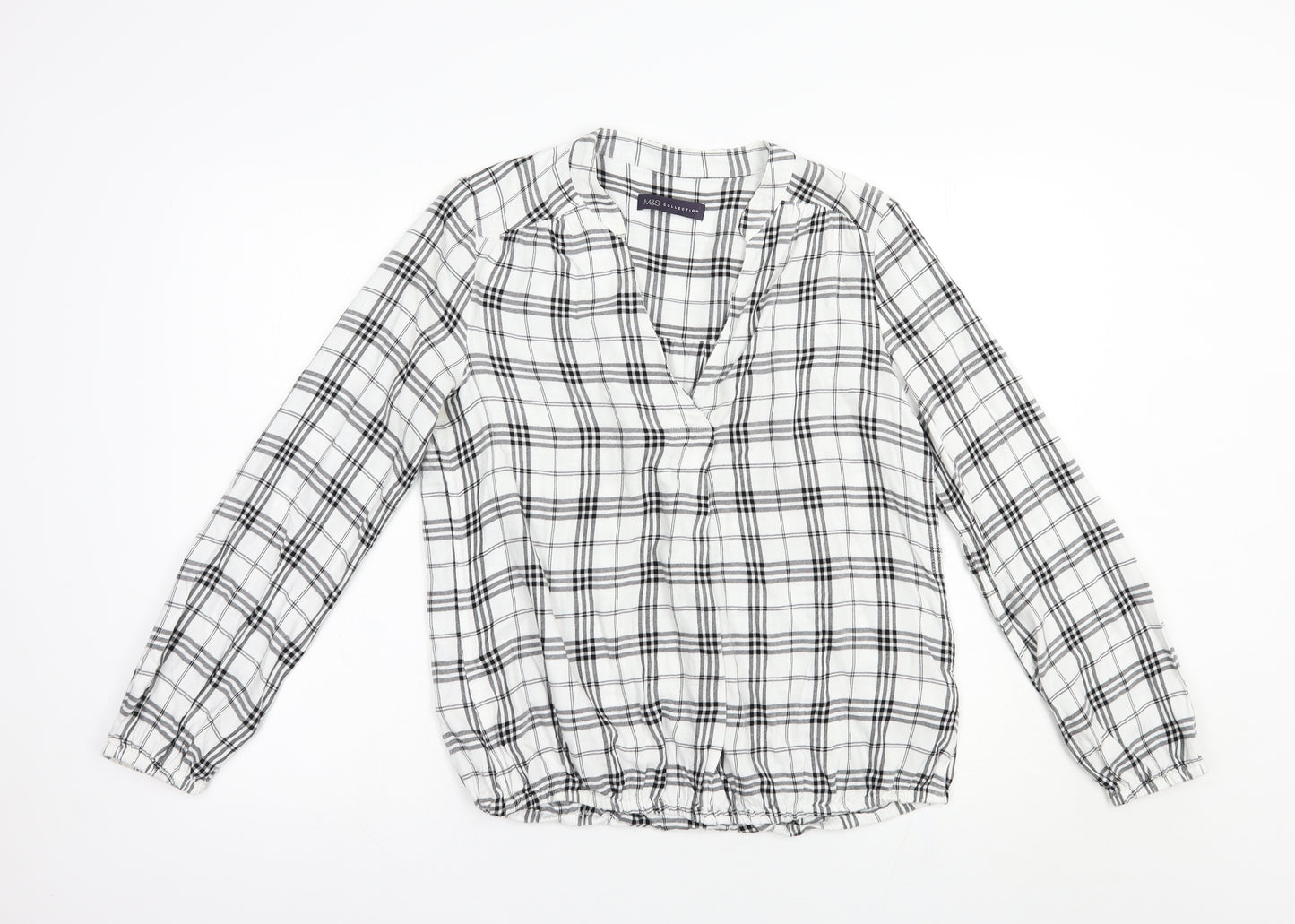 Marks and Spencer Womens White Plaid Viscose Basic Blouse Size 8 V-Neck