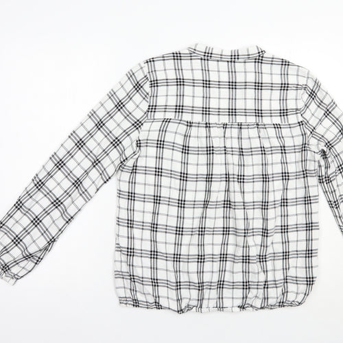 Marks and Spencer Womens White Plaid Viscose Basic Blouse Size 8 V-Neck