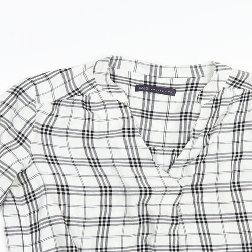 Marks and Spencer Womens White Plaid Viscose Basic Blouse Size 8 V-Neck
