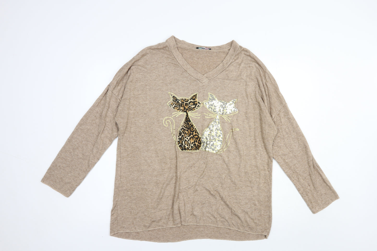 Made in Italy Womens Beige V-Neck  Viscose Pullover Jumper Size L   - Cats