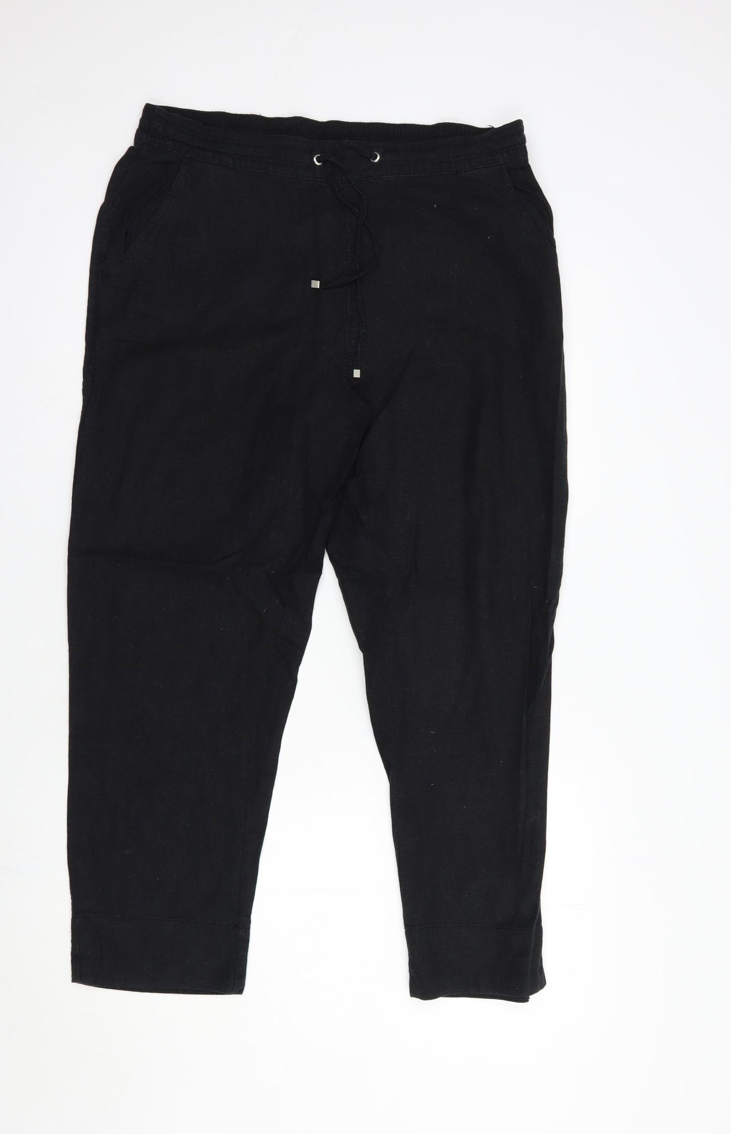 Peacocks Womens Black  Linen Trousers  Size 14 L27 in Regular Drawstring
