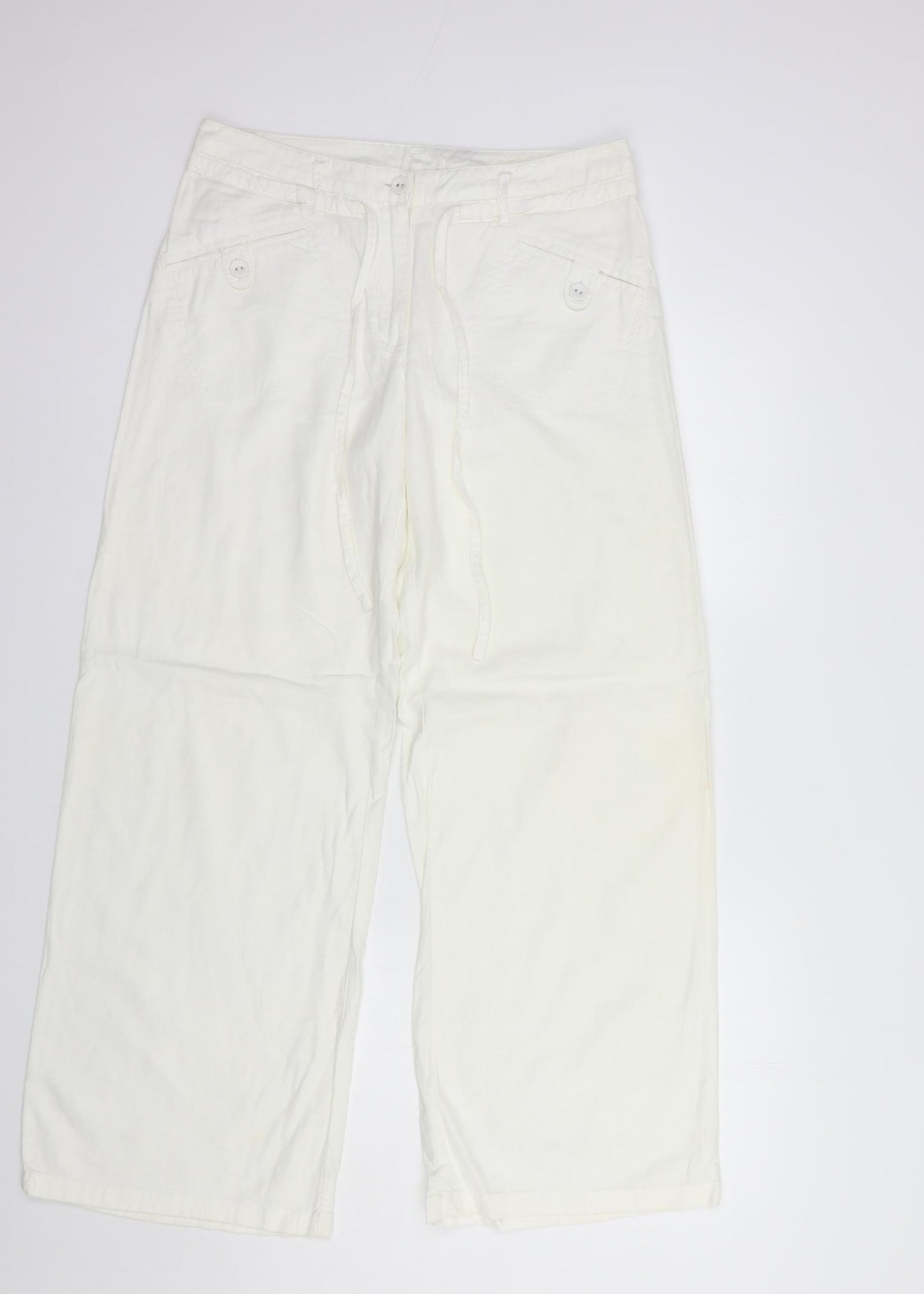NEXT Womens White  Linen Trousers  Size 10 L30 in Regular Button