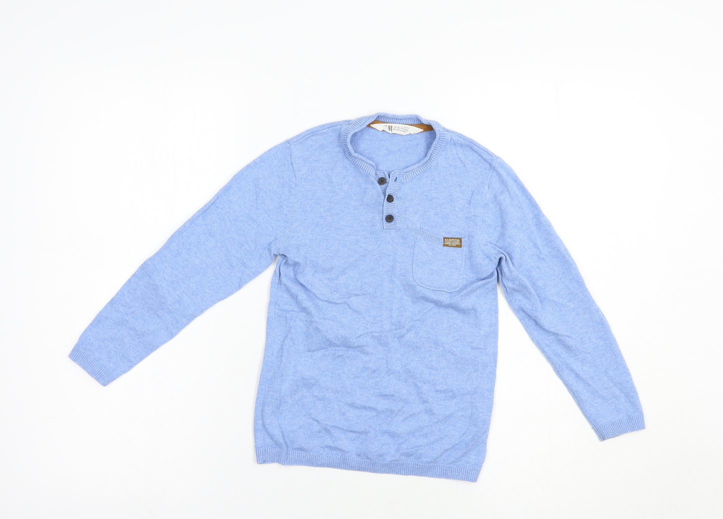 H&M Boys Blue Henley  Cotton Pullover Jumper Size 4-5 Years  Button