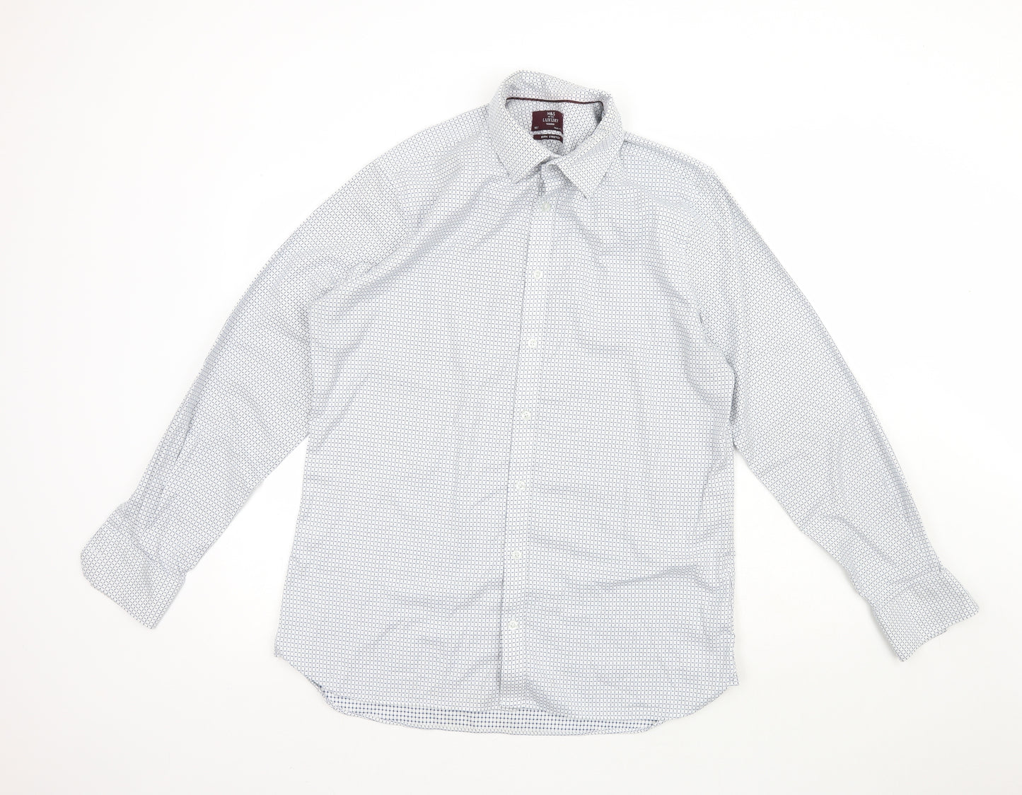 Marks and Spencer Mens Blue Geometric Cotton  Button-Up Size 16.5 Collared