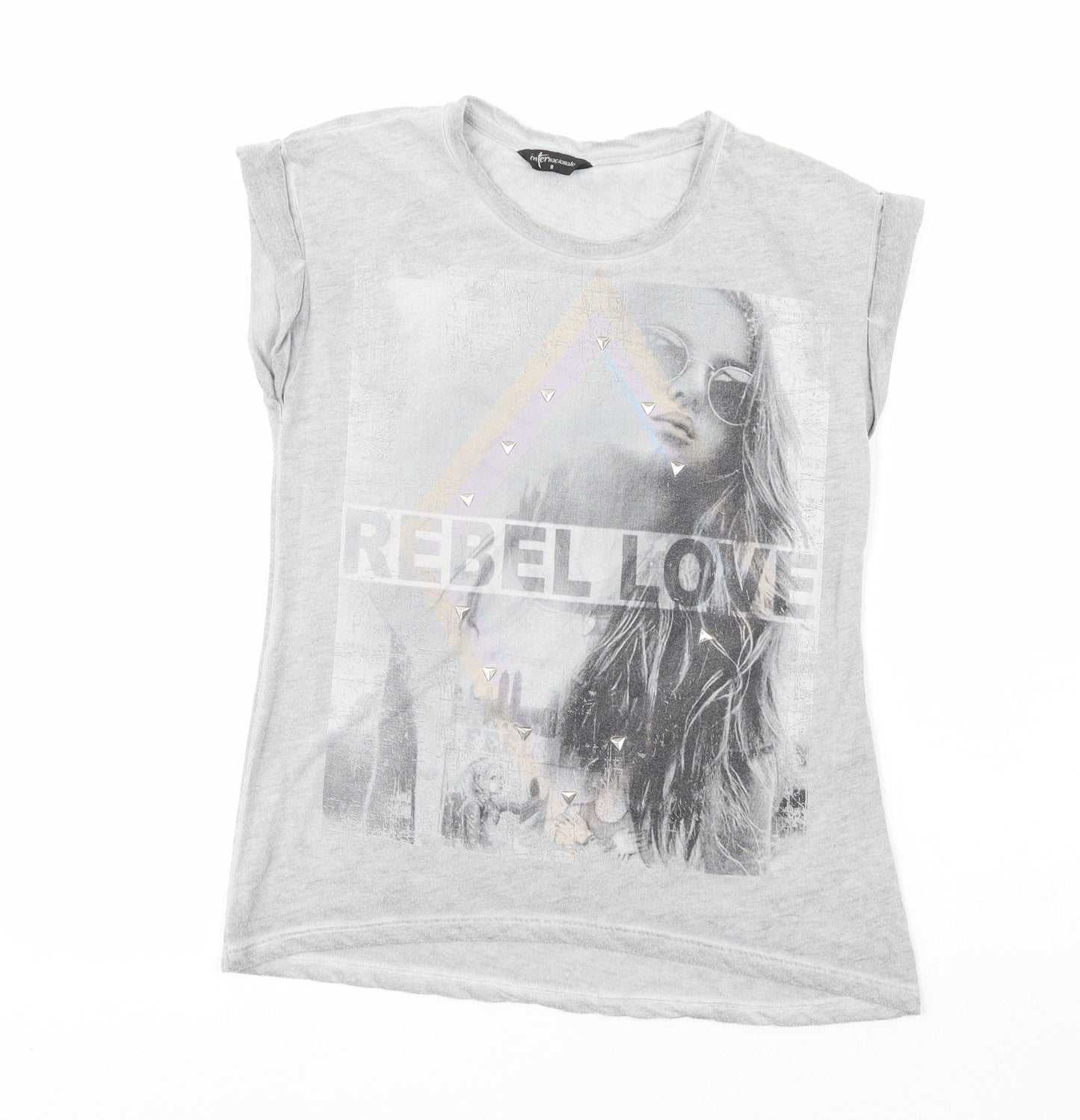 Internacionale Womens Grey  Polyester Basic T-Shirt Size 8 Crew Neck - Rebel Love