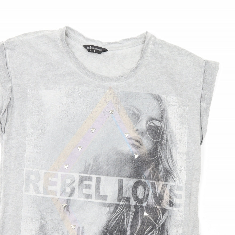 Internacionale Womens Grey  Polyester Basic T-Shirt Size 8 Crew Neck - Rebel Love