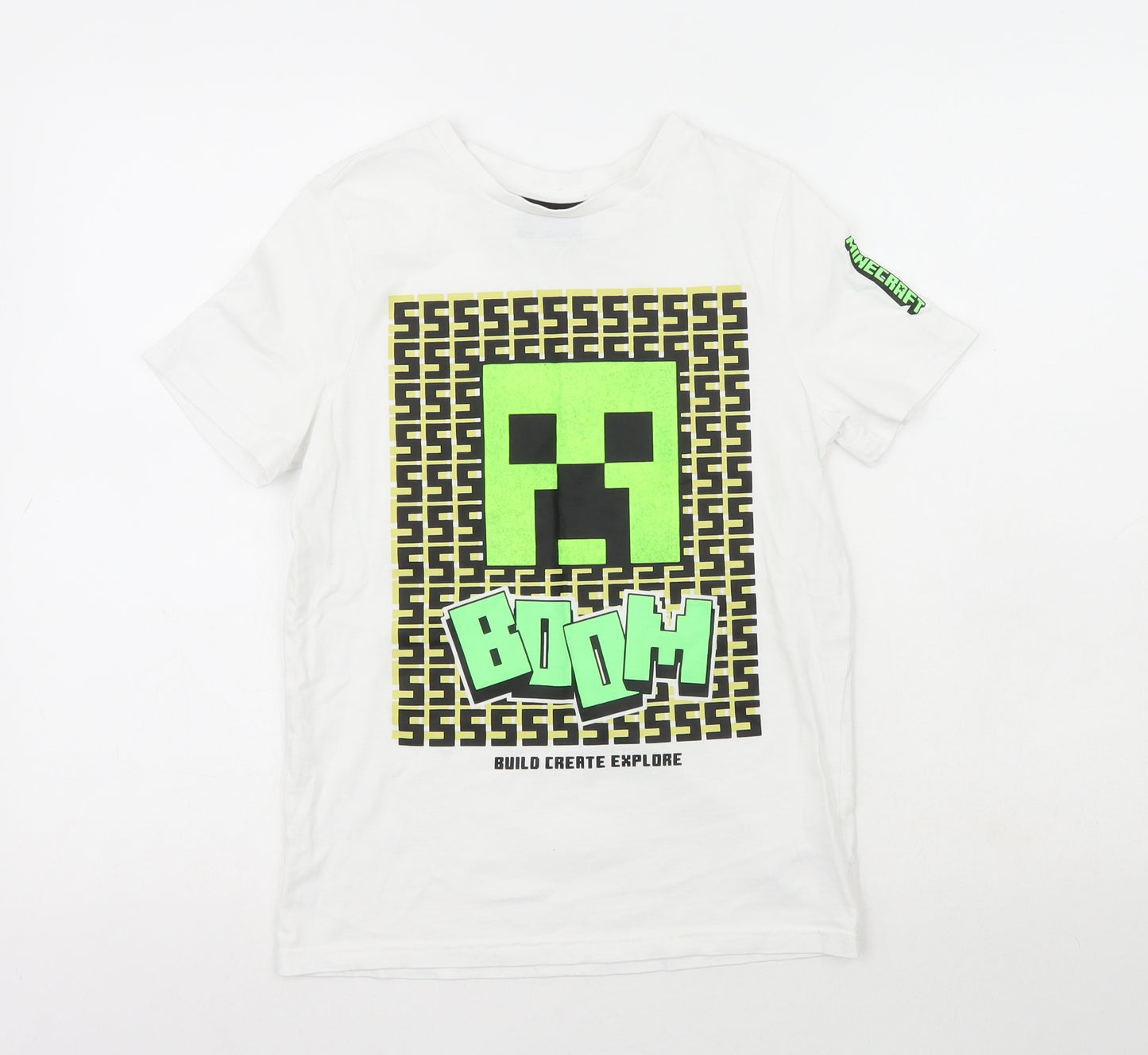 Minecraft Boys Multicoloured  100% Cotton Pullover T-Shirt Size 10-11 Years Crew Neck  - Boom Build Create Explore