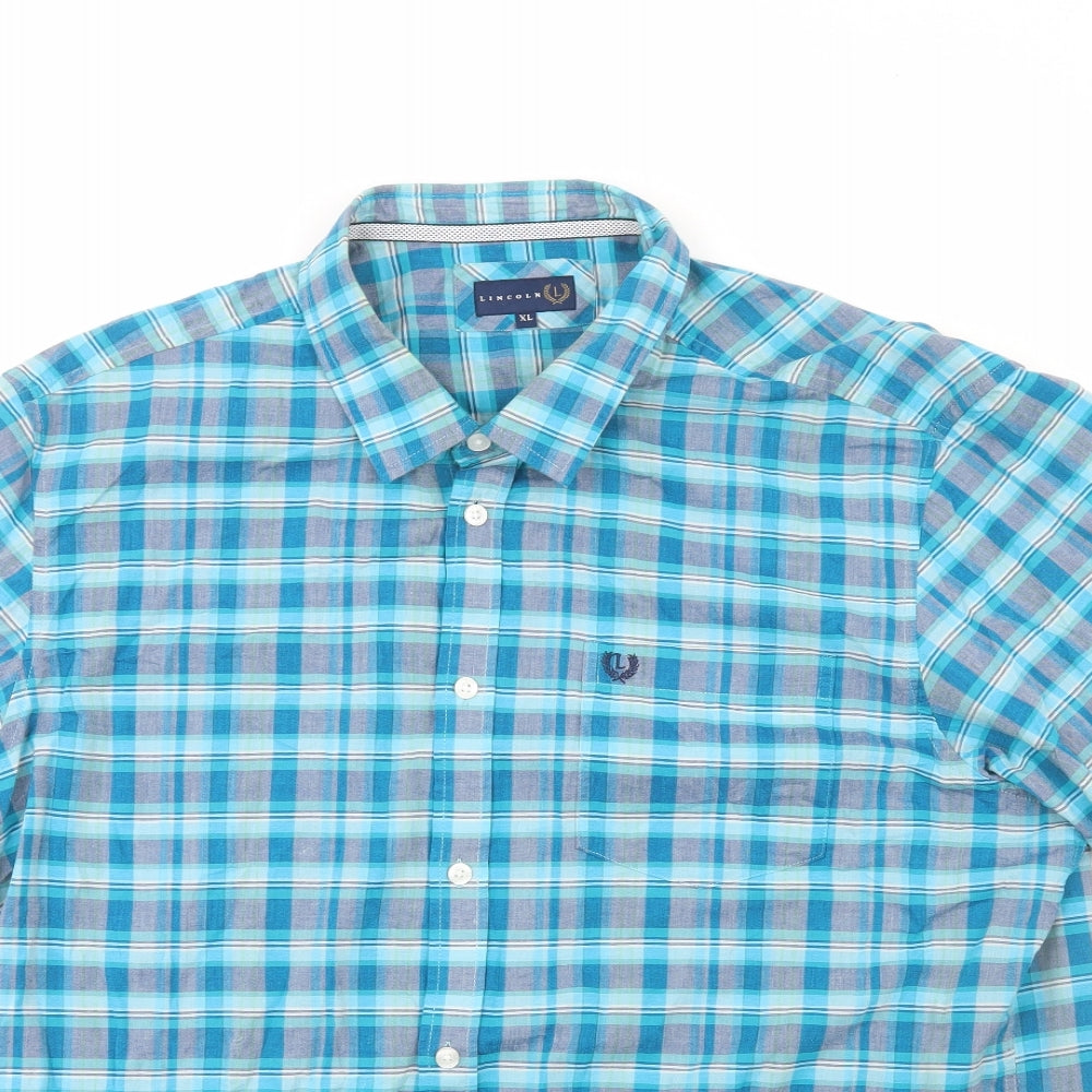 Lincoln  Mens Blue Plaid Cotton  Button-Up Size XL Collared