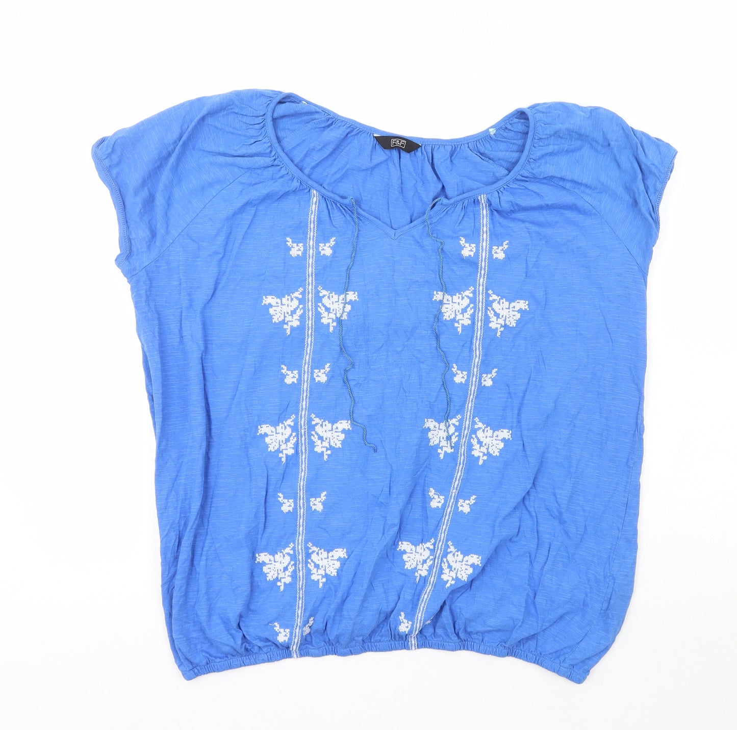F&F Womens Blue Geometric 100% Cotton Basic T-Shirt Size 16 V-Neck