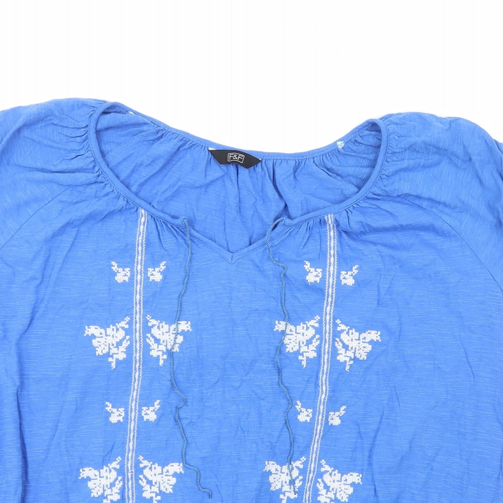 F&F Womens Blue Geometric 100% Cotton Basic T-Shirt Size 16 V-Neck