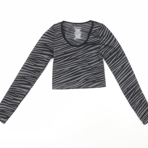 Primark Womens Black Striped Polyester Cropped Casual Size XS Crew Neck
