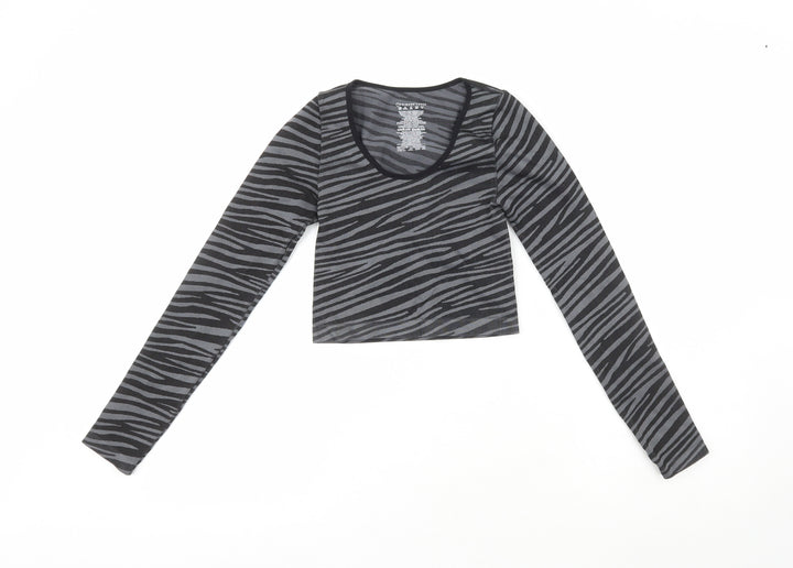 Primark Womens Black Striped Polyester Cropped Casual Size XS Crew Neck