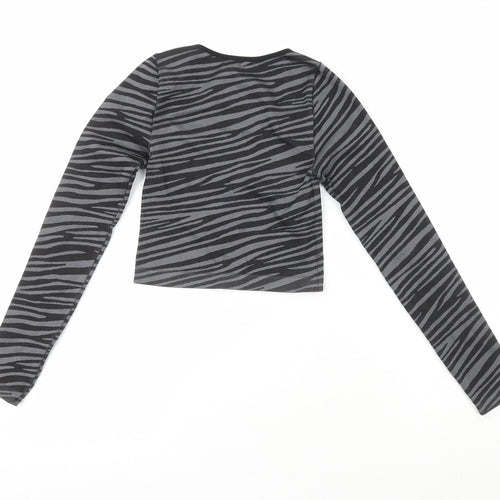 Primark Womens Black Striped Polyester Cropped Casual Size XS Crew Neck