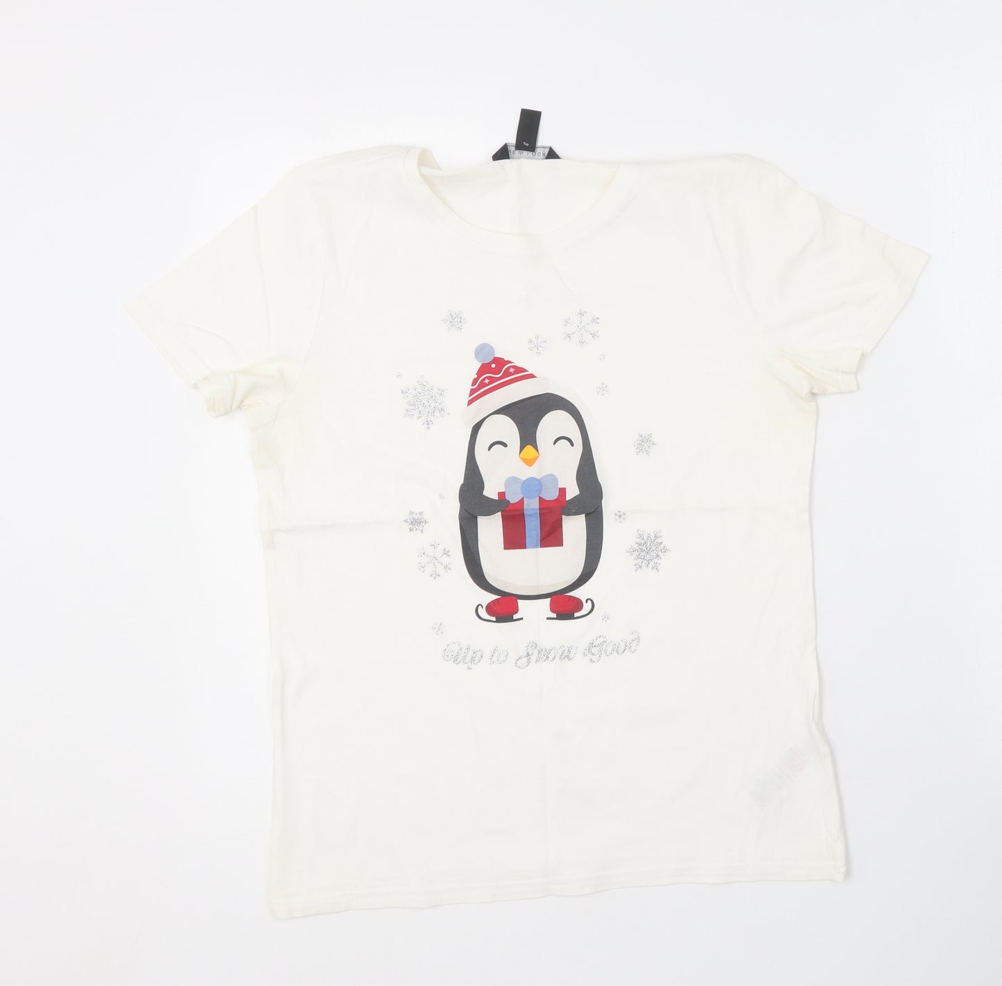 New Look Womens Ivory  Cotton Basic T-Shirt Size 12 Round Neck - Christmas Penguin