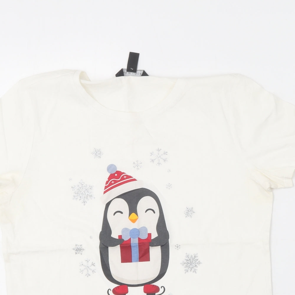 New Look Womens Ivory  Cotton Basic T-Shirt Size 12 Round Neck - Christmas Penguin