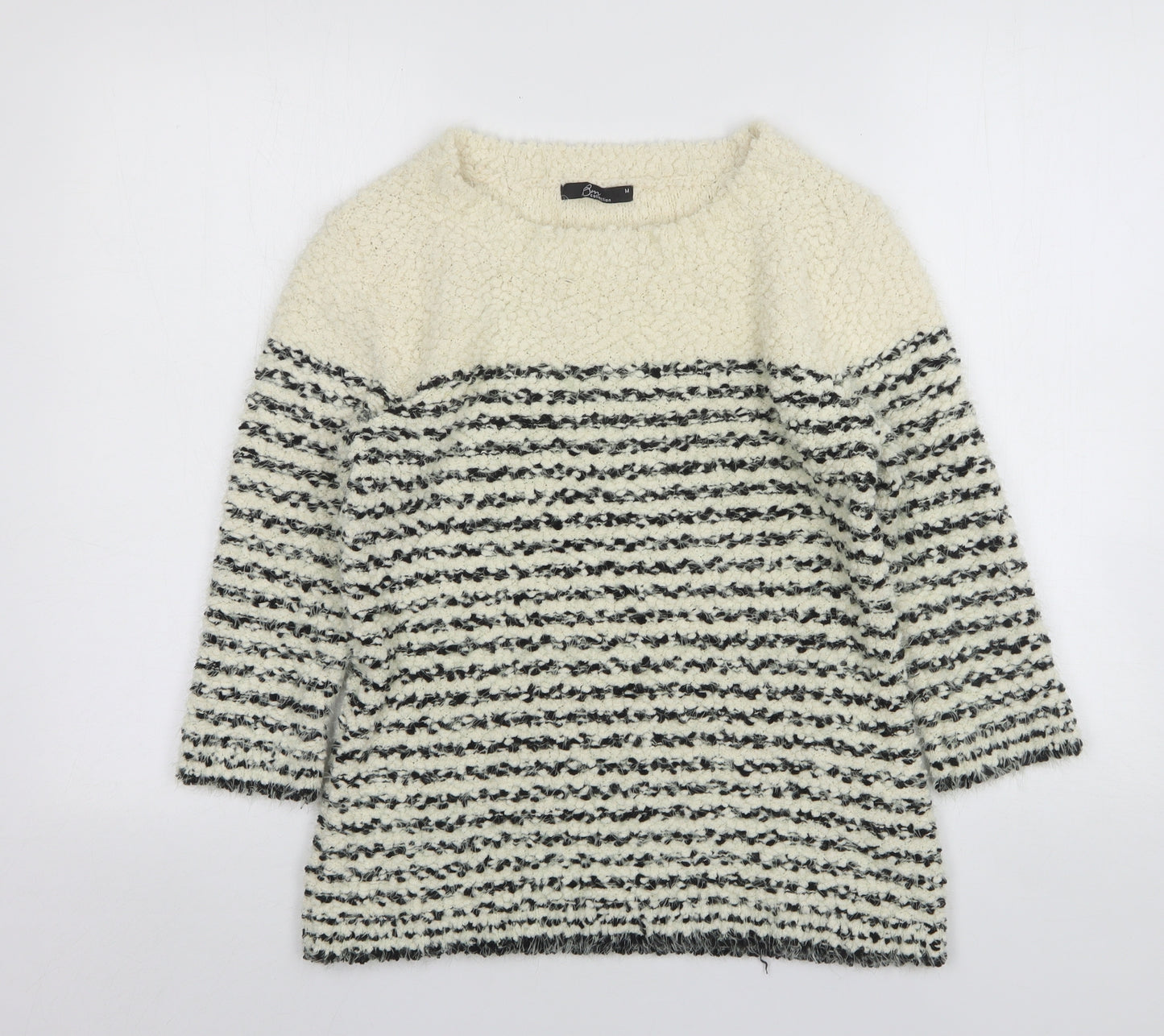 Bonmarche  Womens Beige Round Neck Striped Polyester Pullover Jumper Size M