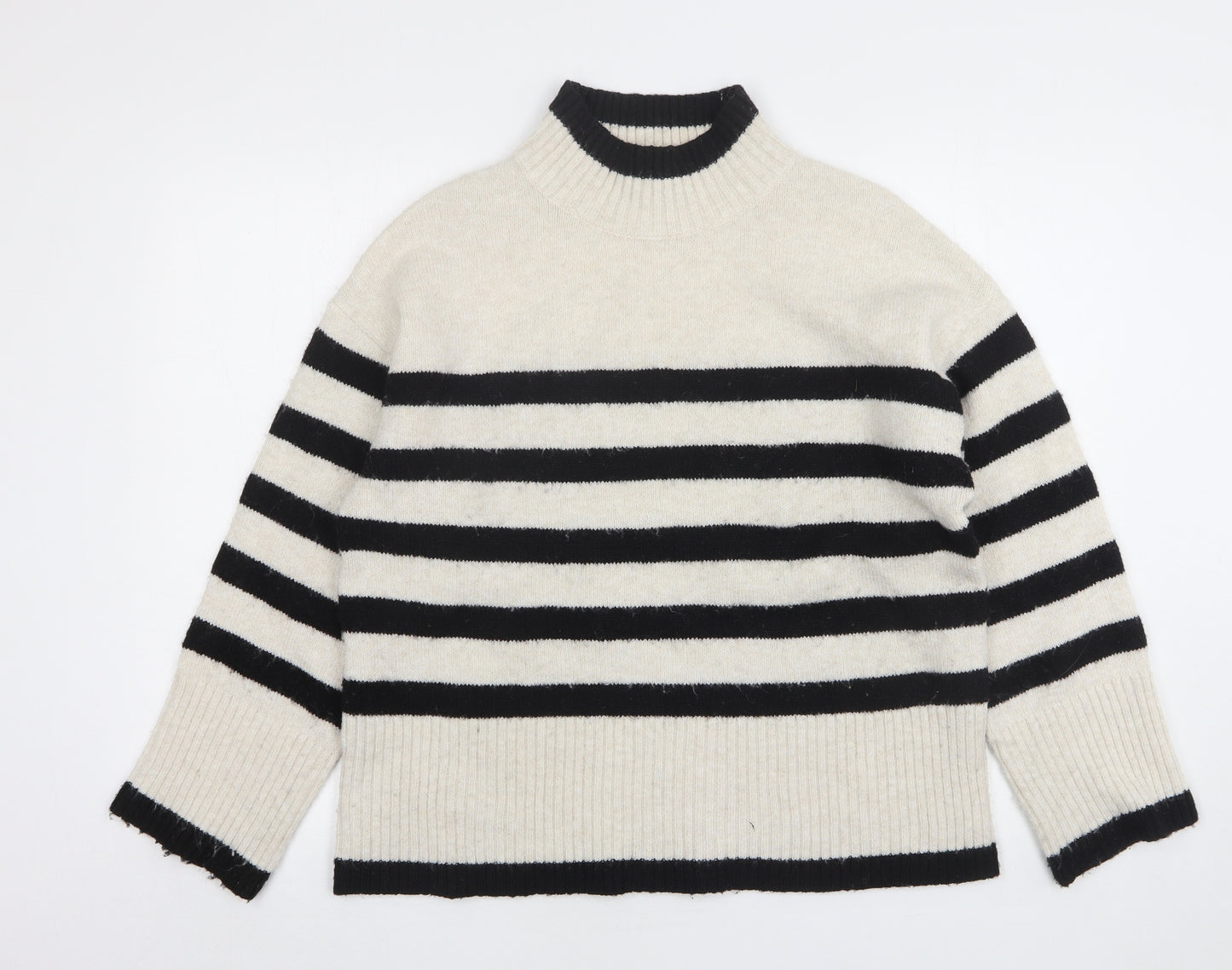 F&F Womens Beige High Neck Striped Polyester Pullover Jumper Size M