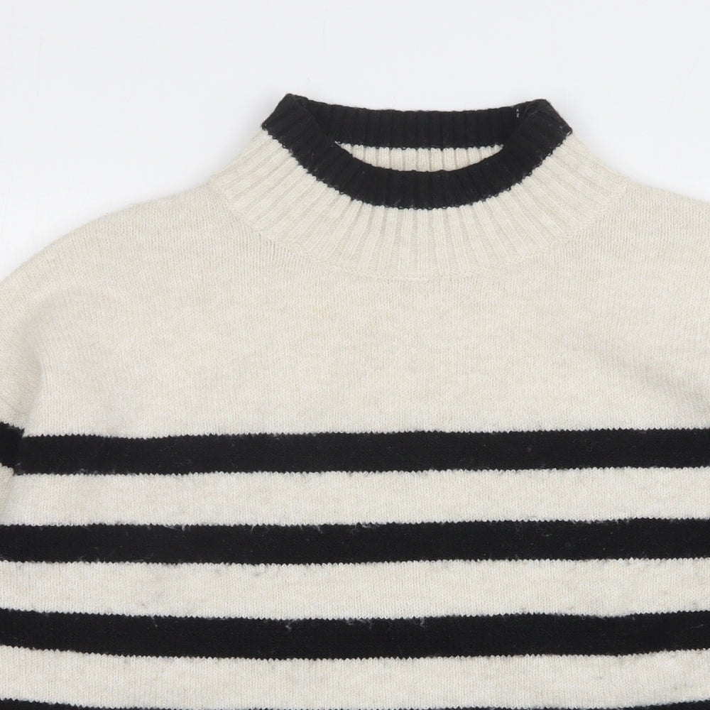 F&F Womens Beige High Neck Striped Polyester Pullover Jumper Size M