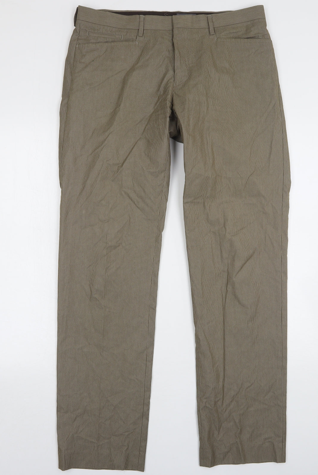 H&M Mens Green Striped Cotton Trousers  Size 34 L34 in Regular