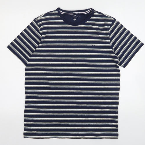 Lincon Mens Blue Striped Cotton  T-Shirt Size M Round Neck