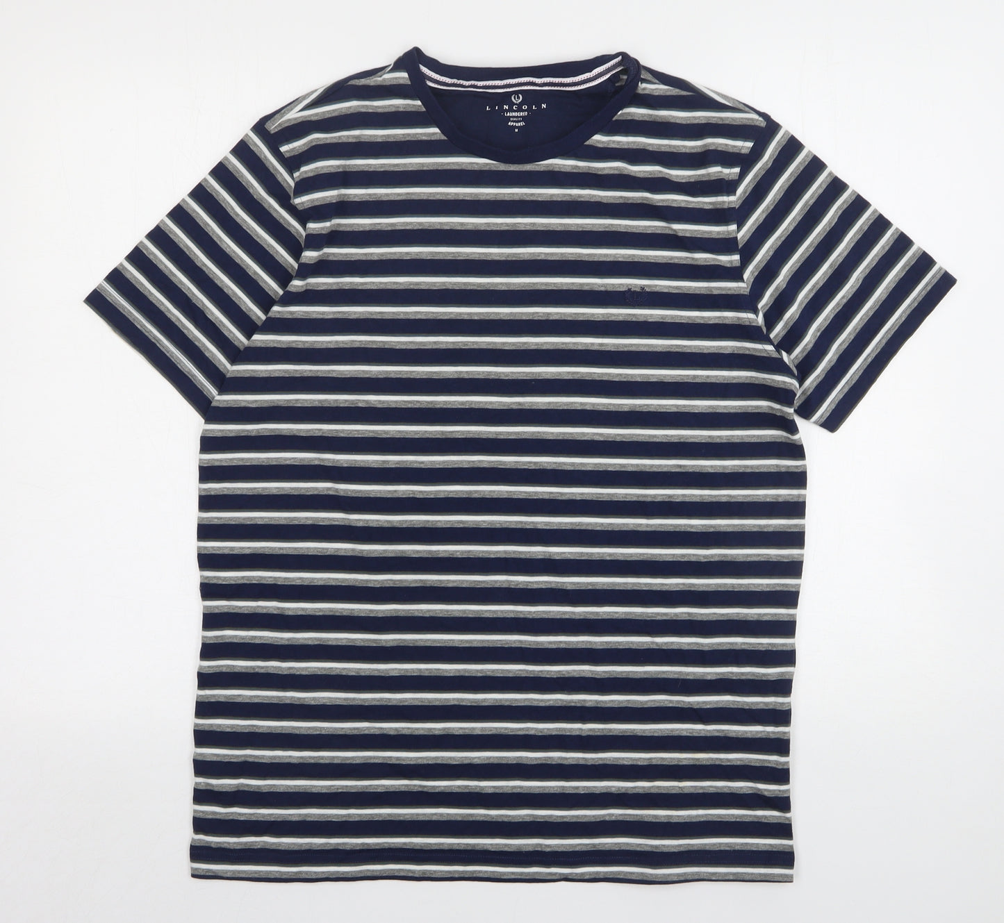 Lincon Mens Blue Striped Cotton  T-Shirt Size M Round Neck
