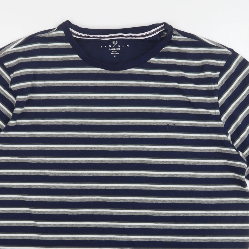 Lincon Mens Blue Striped Cotton  T-Shirt Size M Round Neck