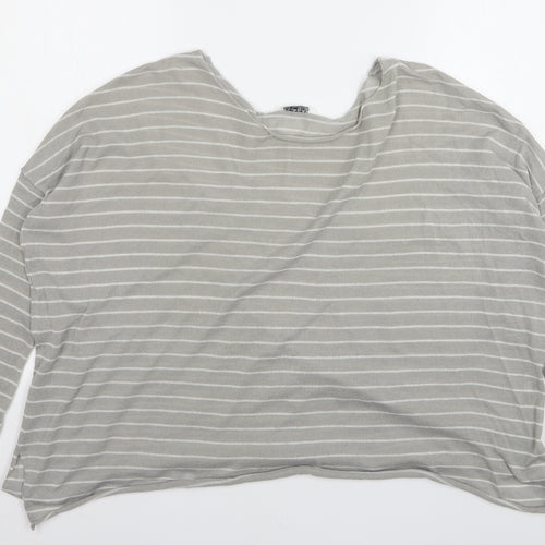 Pull & Bear Mens Grey Round Neck Striped Acrylic Pullover Jumper Size L