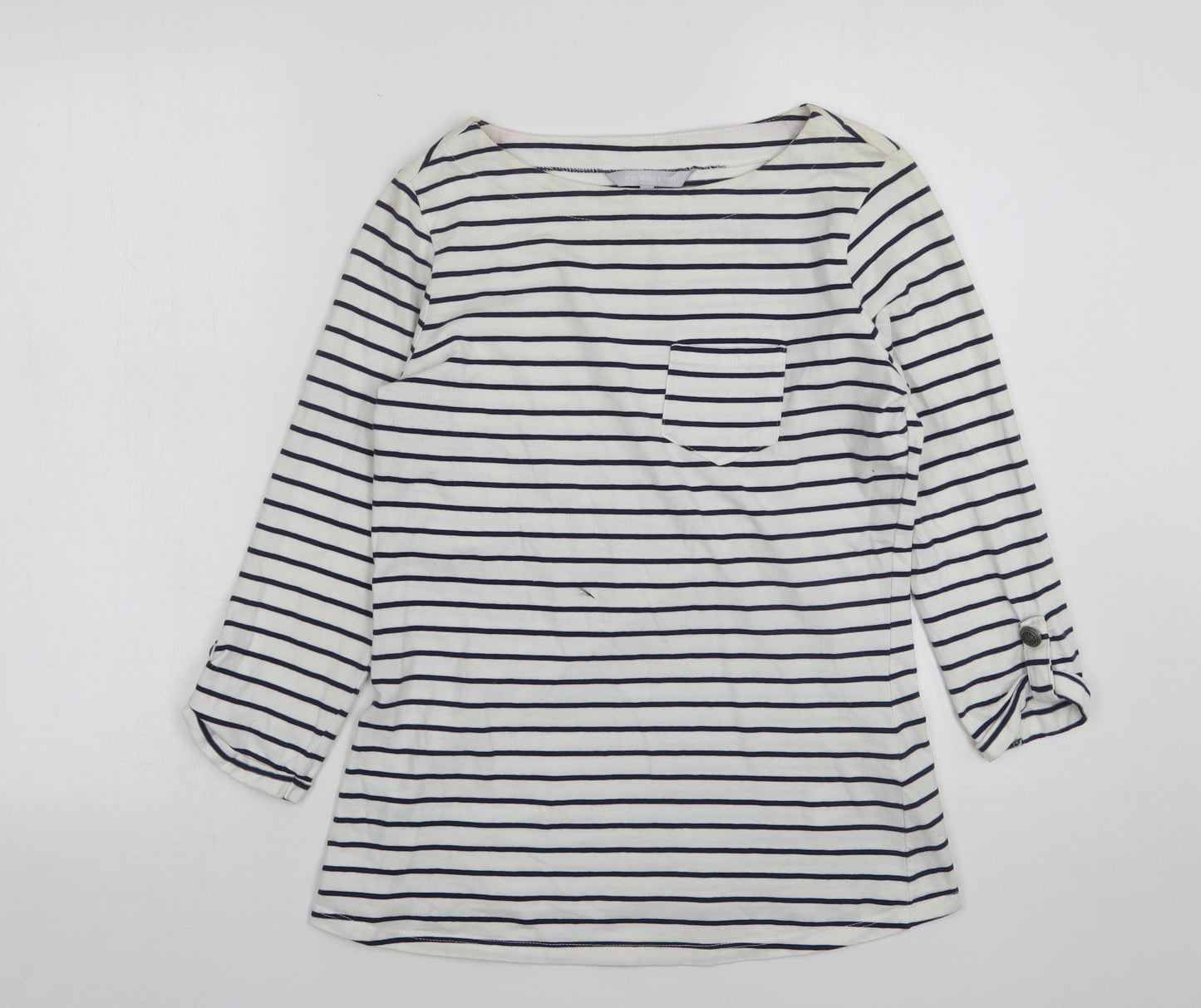Red Herring  Womens White Striped Cotton Basic T-Shirt Size 14 Round Neck