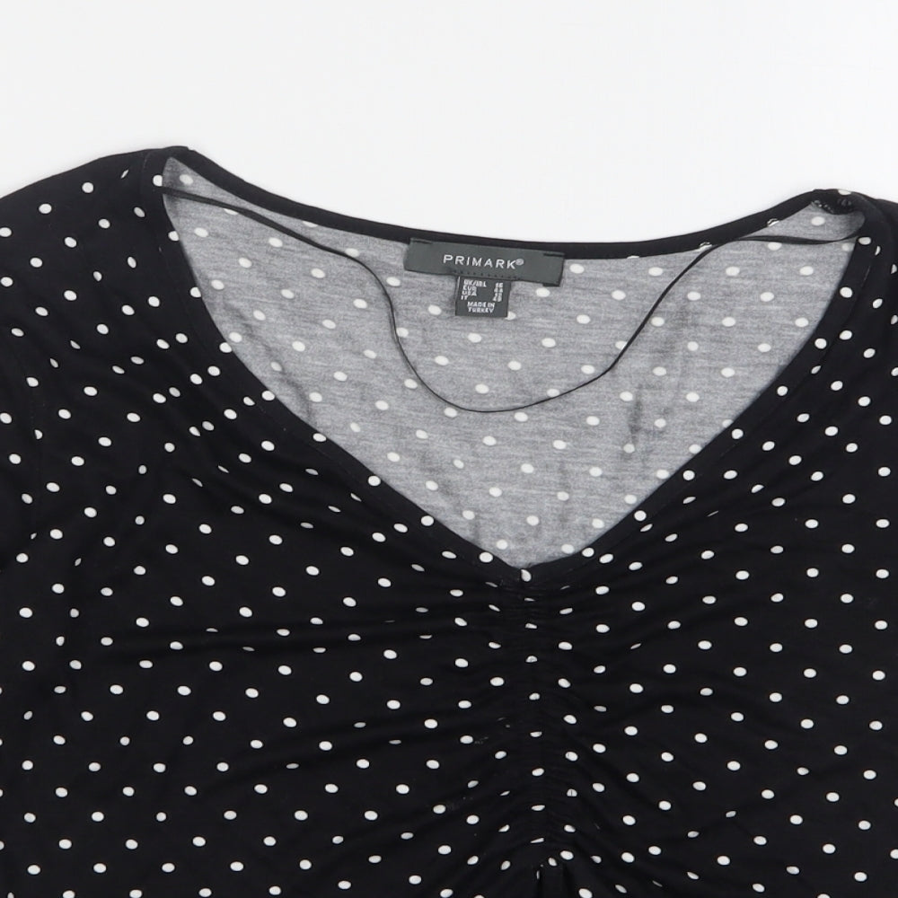 Primark Womens Black Polka Dot Viscose Basic T-Shirt Size 18 V-Neck