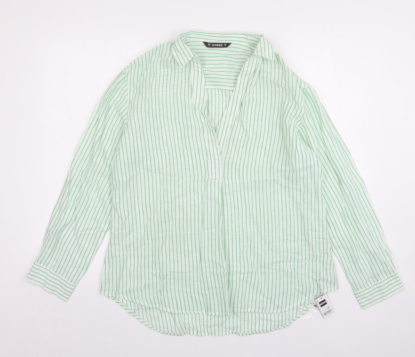 Dunnes Stores Womens Green Striped Linen Basic Blouse Size M Collared
