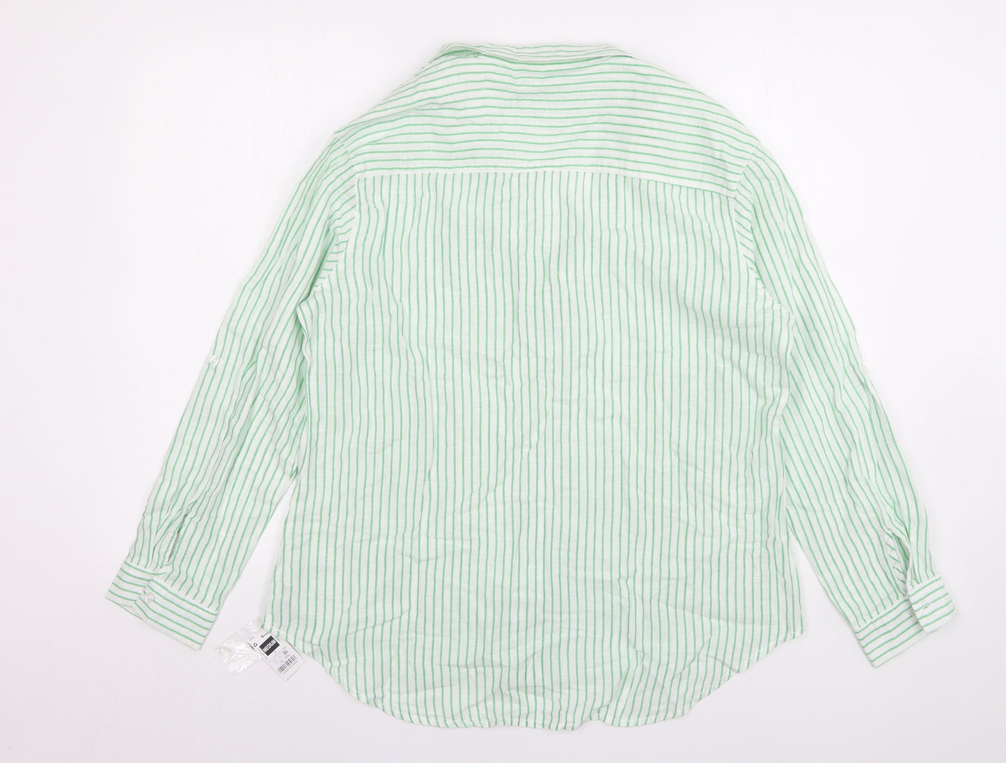 Dunnes Stores Womens Green Striped Linen Basic Blouse Size M Collared