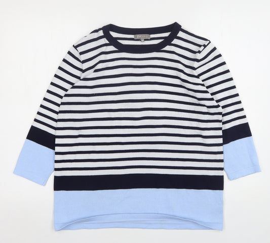 Front view of First Avenue women’s multicoloured round neck striped polyester jumper, size M