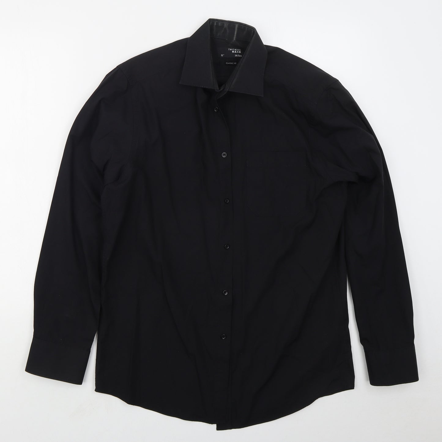 Thomas Nash Mens Black  Polyester  Dress Shirt Size 15 Collared Button