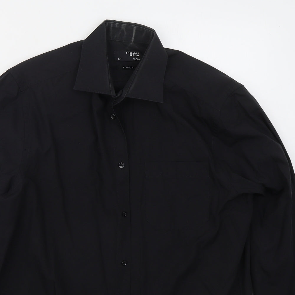 Thomas Nash Mens Black  Polyester  Dress Shirt Size 15 Collared Button