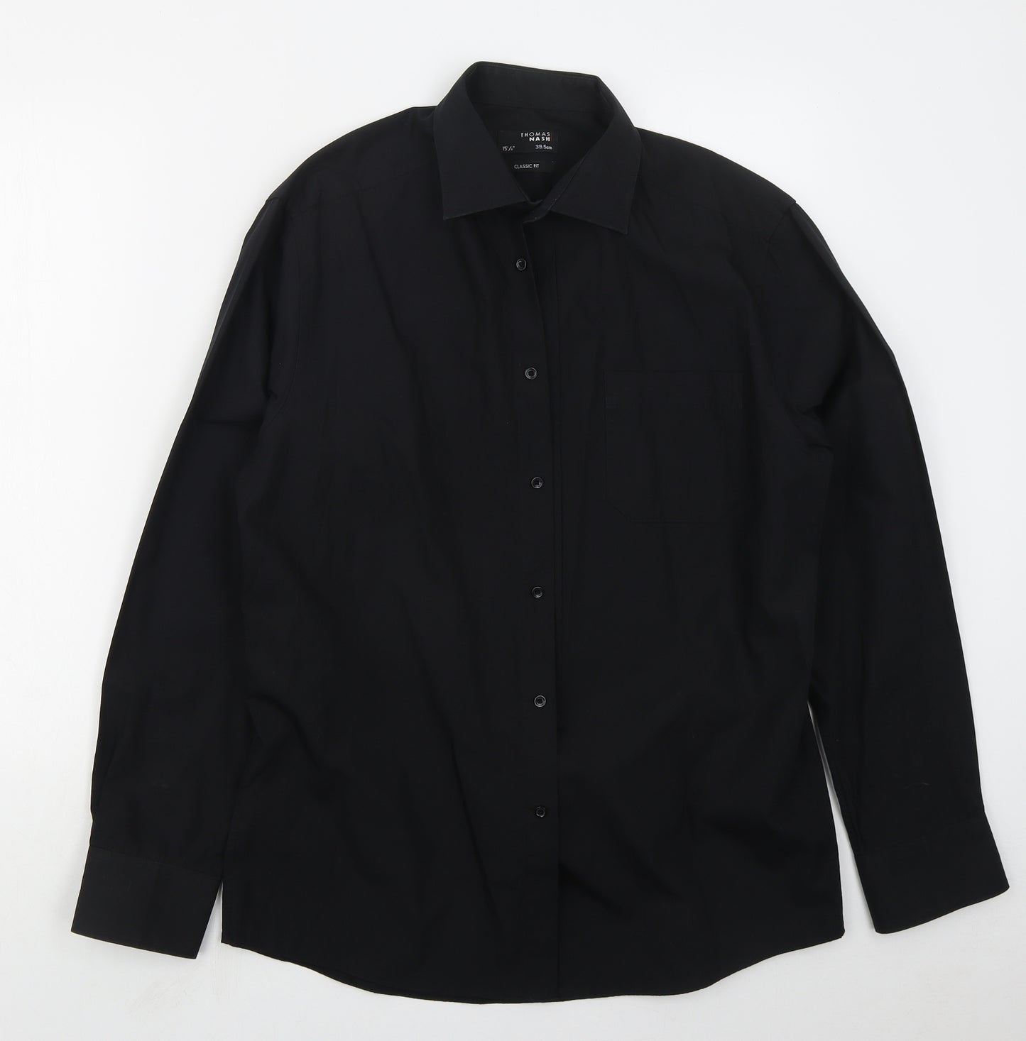 Thomas Nash Mens Black  Polyester  Dress Shirt Size 15 Collared Buckle