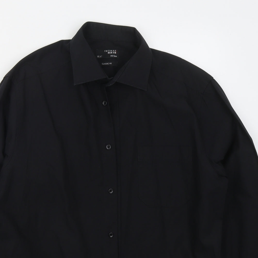 Thomas Nash Mens Black  Polyester  Dress Shirt Size 15 Collared Buckle