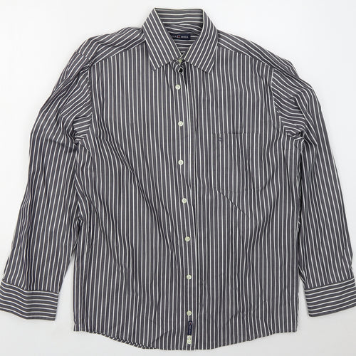 CASAMODA Mens Grey Striped Cotton  Button-Up Size L Collared Button