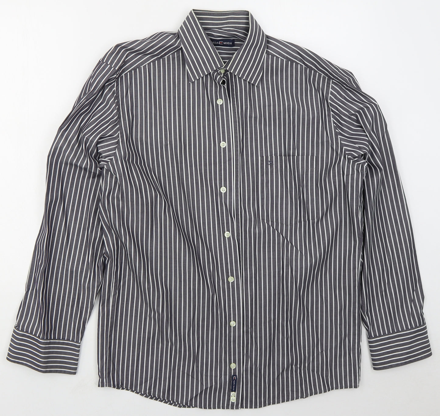 CASAMODA Mens Grey Striped Cotton  Button-Up Size L Collared Button