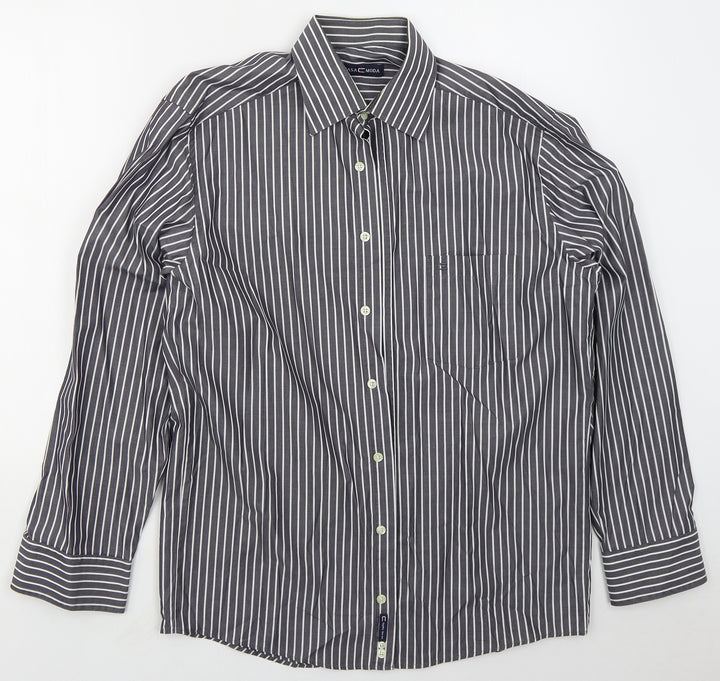 CASAMODA Mens Grey Striped Cotton  Button-Up Size L Collared Button