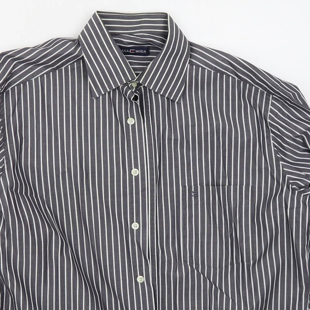 CASAMODA Mens Grey Striped Cotton  Button-Up Size L Collared Button